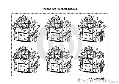 Find the two identical pictures with presents and teddy bear visual puzzle and coloring page Vector Illustration