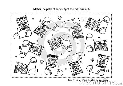 Visual logic puzzle and coloring page with knitted socks Vector Illustration