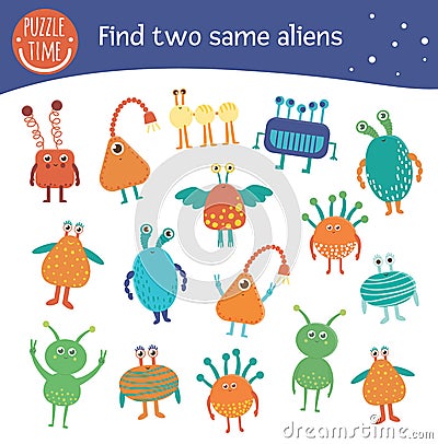 Find two same aliens. Space matching activity for preschool children. Funny cosmic game for kids Vector Illustration