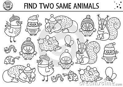 Find two same animals. Thanksgiving black and white matching activity for children. Funny line autumn quiz worksheet for kids for Vector Illustration