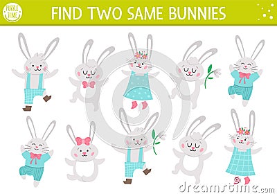 Find two same bunnies. Easter matching activity for children. Funny spring educational logical quiz worksheet for kids. Simple Vector Illustration