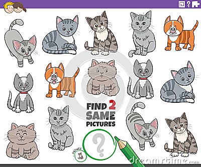 Find two same cartoon cats characters educational game Vector Illustration