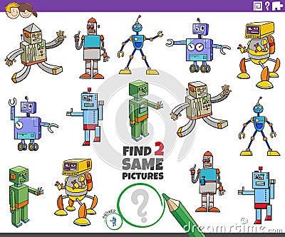 Find two same cartoon robot characters educational task Vector Illustration