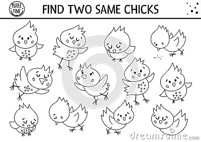 Find two same chicks. Easter black and white matching activity for children. Funny spring educational logical quiz worksheet for Vector Illustration