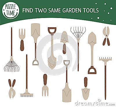 Find two same garden tools. Garden or farm themed matching activity for preschool children with spade, shovel, rakes, shears. Vector Illustration