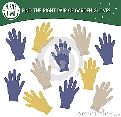 Find two same gloves. Garden or farm themed matching activity for preschool children with cute protective gardening glove. Funny Vector Illustration
