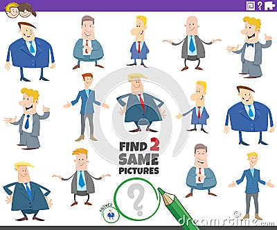 Find two same men or businessmen characters educational game Vector Illustration