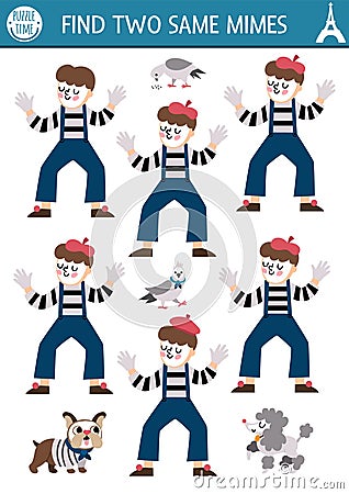 Find two same mimes. Matching activity for children with French traditional street artist in beret and animals. France educational Vector Illustration
