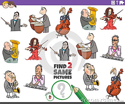 Find two same musicians educational task for children Vector Illustration