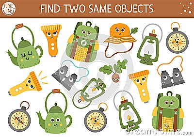 Find two same objects. Camping matching activity for children. Funny worksheet for kids with smiling kawaii backpack, compass, Vector Illustration