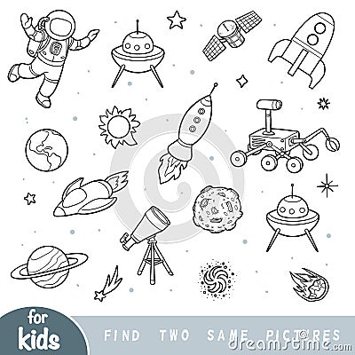 Find two the same pictures, education game for children, Astronaut and space objects Vector Illustration