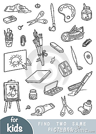 Find two the same pictures, game for children. Set of artists objects Vector Illustration