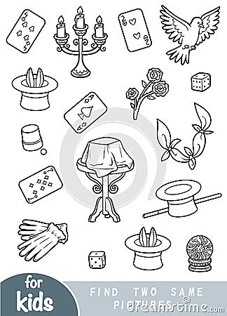 Find two the same pictures, game for children. Set of magician items Vector Illustration