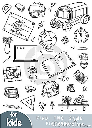 Find two the same pictures, game for children. Set of school objects Vector Illustration