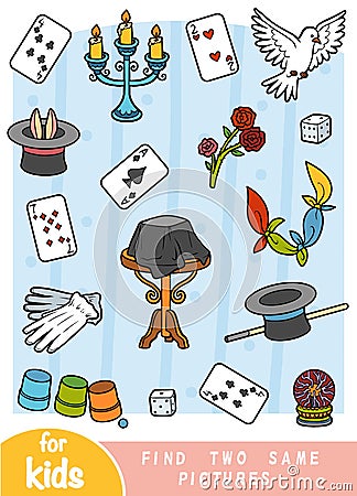 Find two the same pictures, game for children. Color set of magician items Vector Illustration