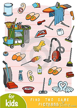 Find two the same pictures, game for children. Color set of objects for cleaning Vector Illustration