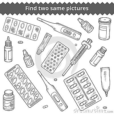 Find two same pictures. Medical vector black and white set Vector Illustration