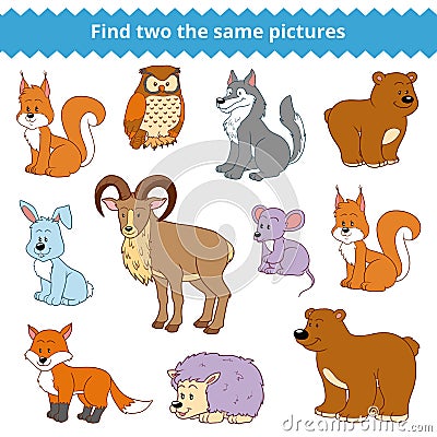 Find two the same pictures, vector set of forest animals Vector Illustration