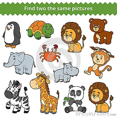 Find two the same pictures, vector set of zoo animals Vector Illustration