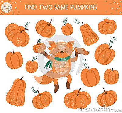 Find two same pumpkins. Autumn matching activity for children. Funny educational fall season logical quiz worksheet for kids. Vector Illustration