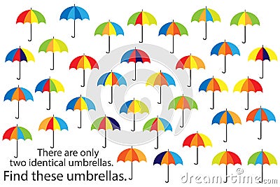 Find only two same umbrellas, fun education autumn puzzle game for children, preschool worksheet activity for kids, task for the d Cartoon Illustration