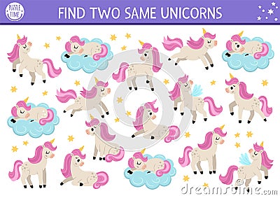 Find two same unicorns. Magic world matching activity for children. Fantasy or fairytale educational quiz worksheet for kids for Vector Illustration