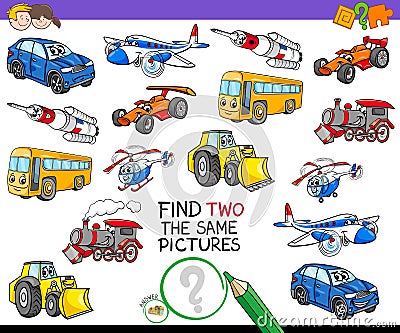 Find two the same vehicles activity game Vector Illustration