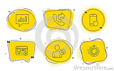 Reject web, Recovery phone and Share call icons set. Find user, Analytical chat and Seo timer signs. Vector Vector Illustration