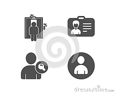 Find user, Identification card and Elevator icons. Avatar sign. Search person, Person document, Lift. Vector Illustration