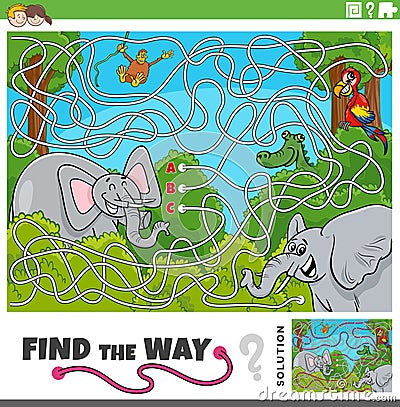 find the way maze activity with cartoon wild animals Vector Illustration