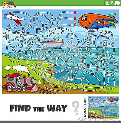 find the way maze game with cartoon vehicle characters Vector Illustration
