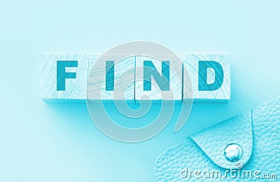 Find word on wooden blocks with pink wallet besides. Fundraising Charity sponsorship business support concept Stock Photo