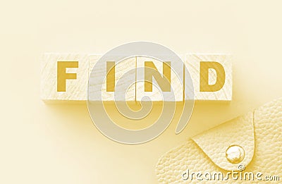 Find word on wooden blocks with pink wallet besides. Fundraising Charity sponsorship business support concept Stock Photo