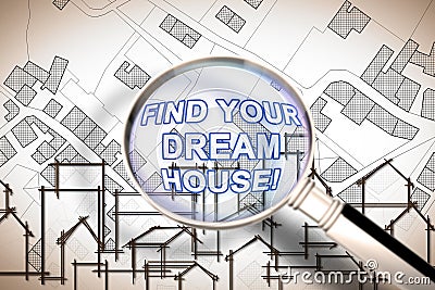 Find your dream house - Searching for a new home concept image with an imaginary city map of territory with buildings and roads Stock Photo