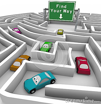 Find Your Way - Cars Lost in Maze Stock Photo