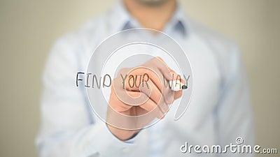 Find Your Way , man writing on transparent screen Stock Photo