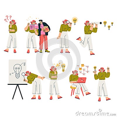 Finding Brilliant Idea with Man and Woman Character Vector Set Stock Photo
