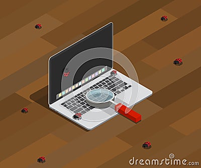 Finding bugs on computer programming with laptop and magnifying glass Vector Illustration