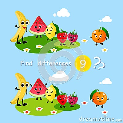 Finding differences. Children activity game happy cartoon food fruits banana watermelon lemon strawberry. Set for kids Vector Illustration