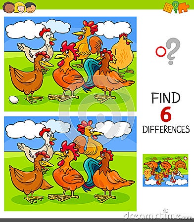 Finding differences game with hens and roosters Vector Illustration