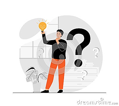 Finding ideas, solutions, brainstorming process. Finding suitable solutions and strategies. Man looking for answers Vector Illustration