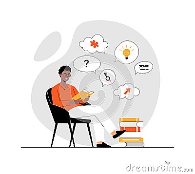 Finding ideas, solutions, brainstorming process. Man researching books for finding information and project development. Vector Illustration