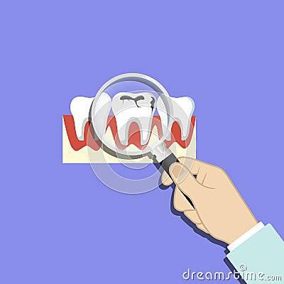 Finding problem teeth, caries, dirty enamel. Magnifying glass in hand. Tooth with caries icon on isolated background. EPS 10 Vector Illustration
