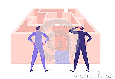 Finding Solution, Challenge and Problem Solving Concept. Confused Businessmen Stuck at Maze Entrance, Business Partners Vector Illustration