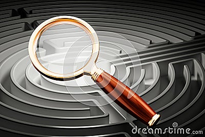 Finding solutions concept, maze with magnifier, 3D rendering Stock Photo