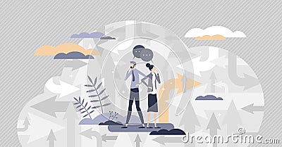 Finding your way as path direction arrows and confusion tiny person concept Vector Illustration