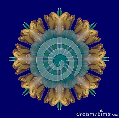 Fine art floral decorative symmetrical color pattern ornament mandala decor made of golden yellow green tulips Stock Photo