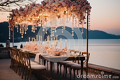 Fine art photography of wedding ceremony: table with many chairs for guests, at evening on the lake Stock Photo