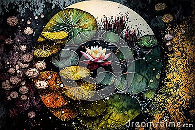 Fine Art Pointillism Top View Japanese Zen Garden Pond Lilly Stock Photo