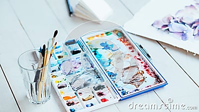 Fine art school watercolor palette paintbrushes Stock Photo